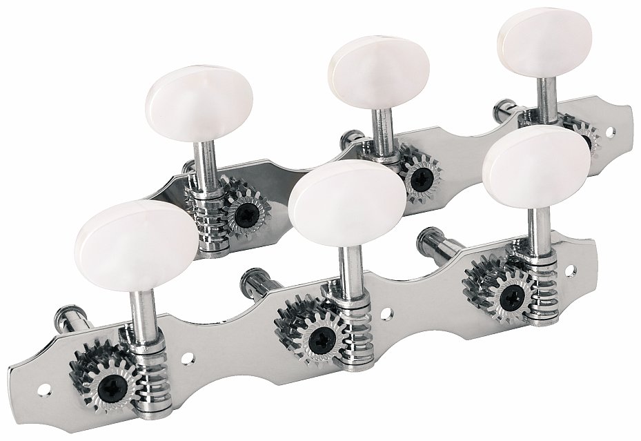 Framus Vintage Parts - Tuners with Oval Pearloid Knob - Guitar Machine Heads, 3 + 3 - Nickel