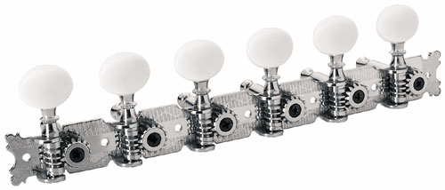 Framus Vintage Parts - Tuners with Oval Plastic Knob - Guitar Machine Heads, 6-in-Line, Bass Side (Left) - Nickel